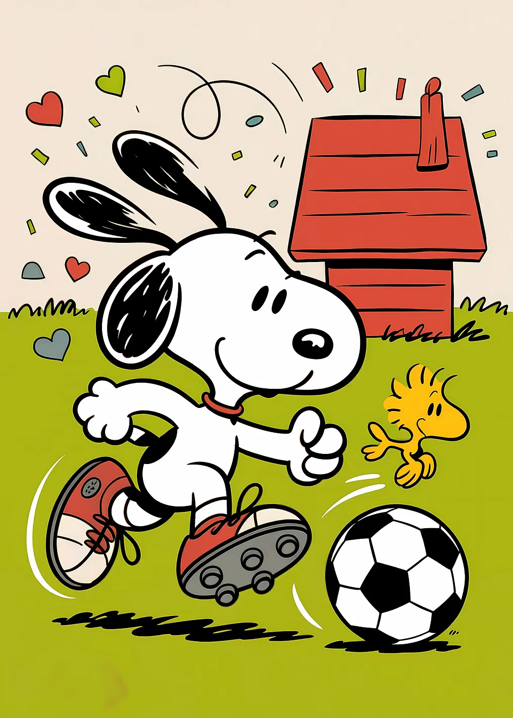 Snoopy plays soccer with Woodstock