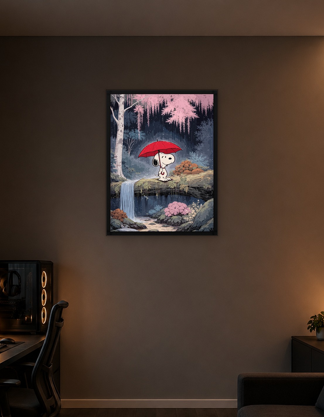 Snoopy with Red Umbrella in Rain