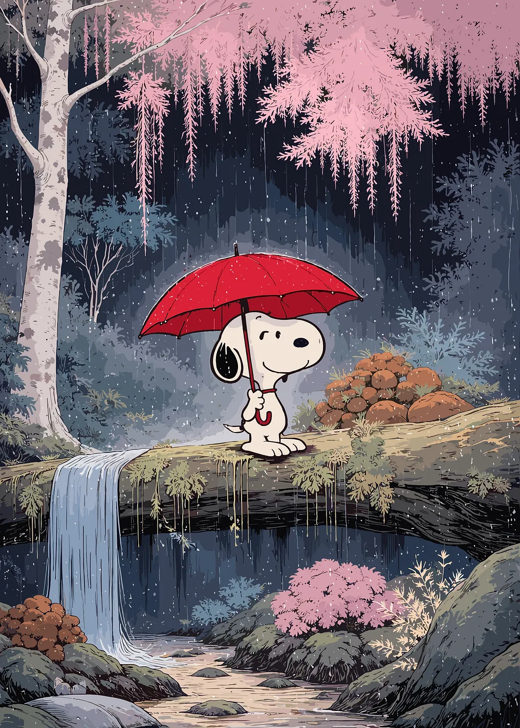 Snoopy with Red Umbrella in Rain