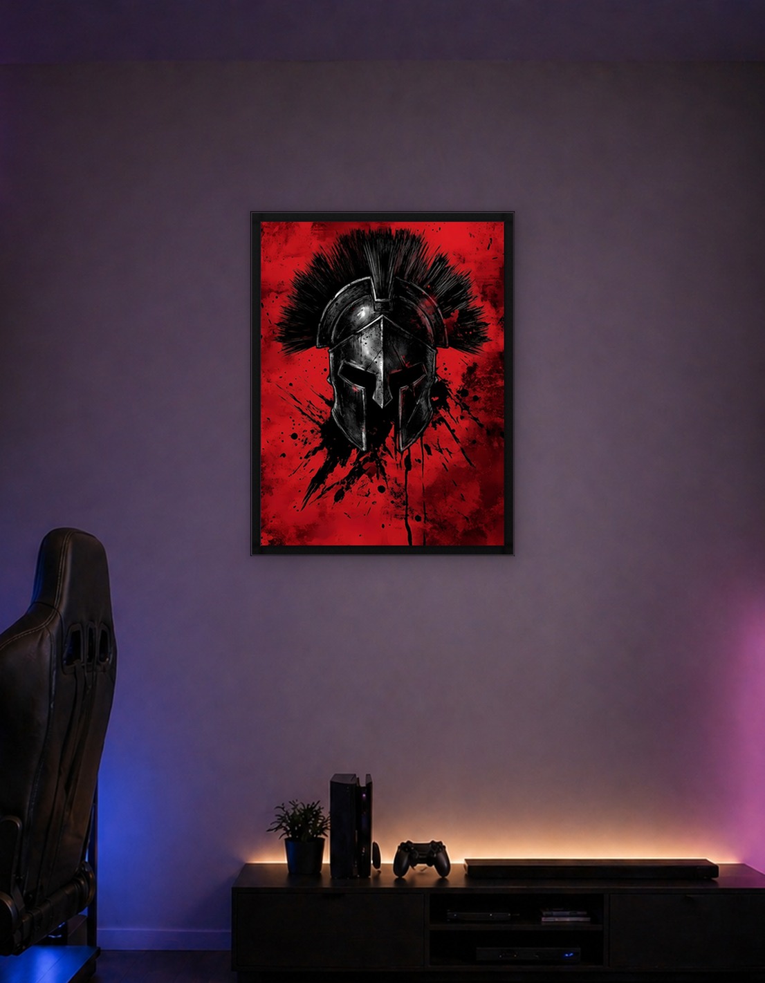 Spartan Helmet on Red Splatter Background