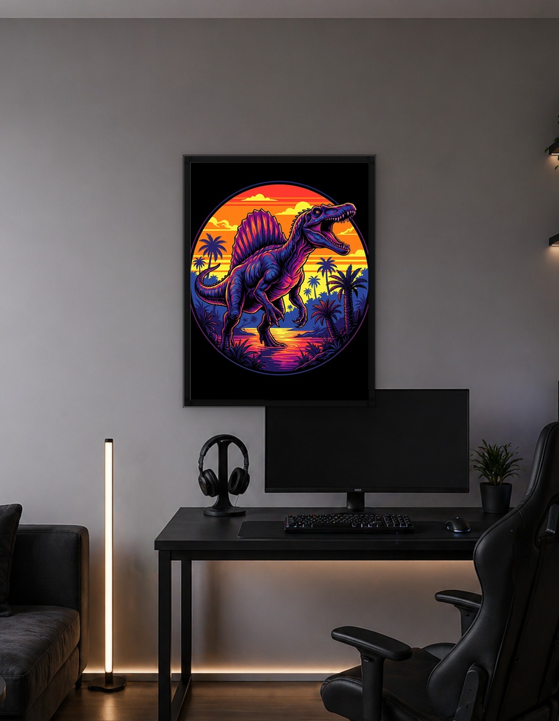 Spinosaurus in Tropical Sunset Illustration