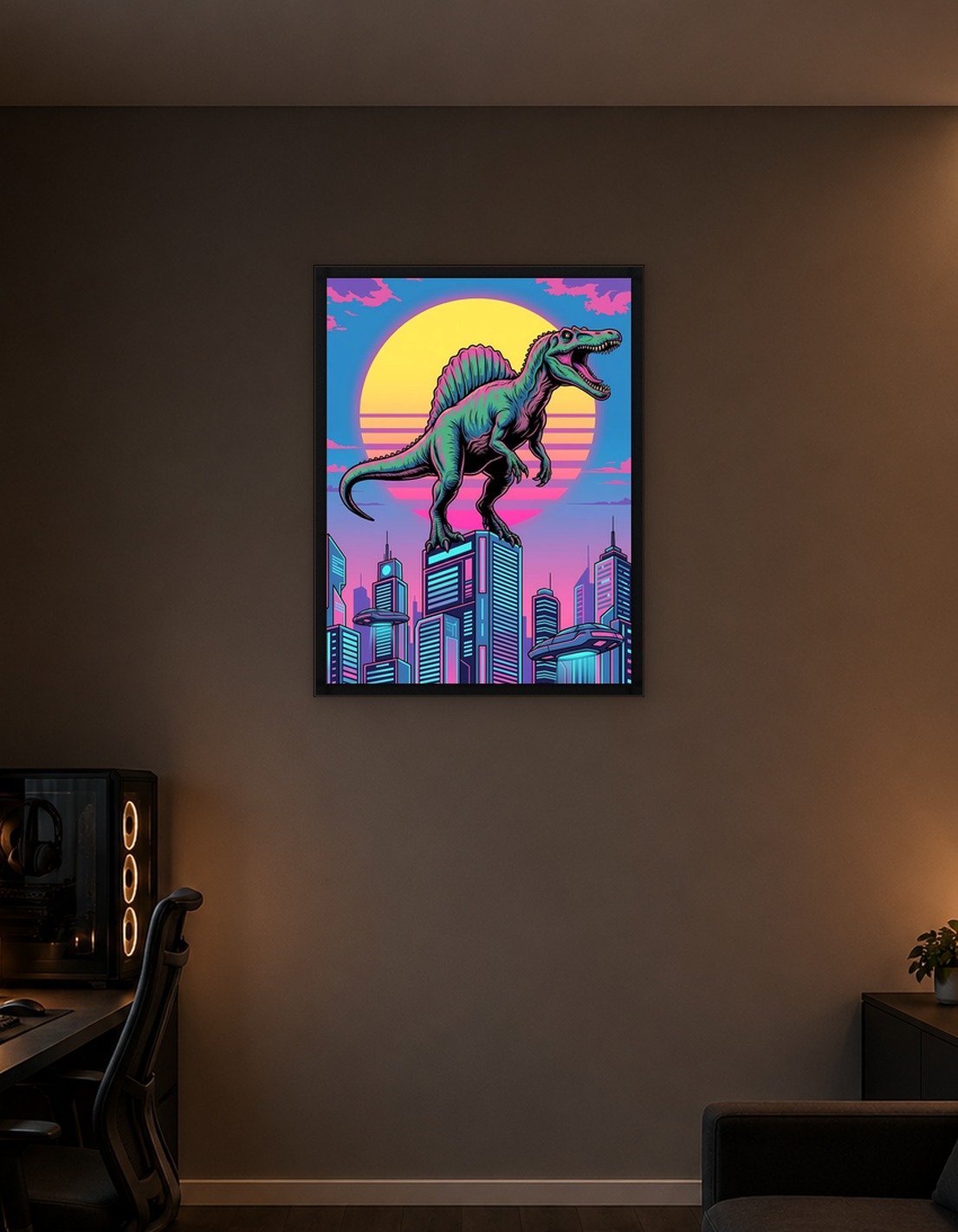 Spinosaurus in Neon Cityscape