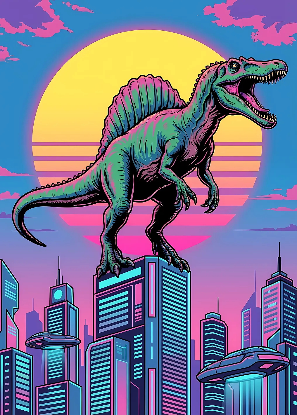 Spinosaurus in Neon Cityscape