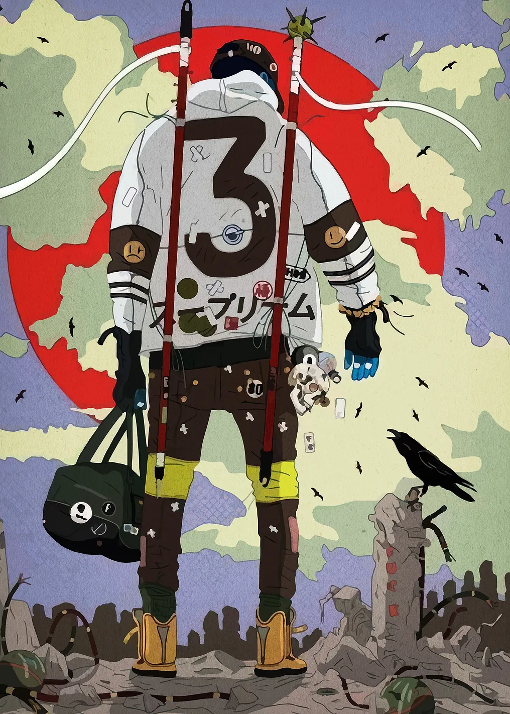 Stylized Figure in Post-Apocalyptic Landscape