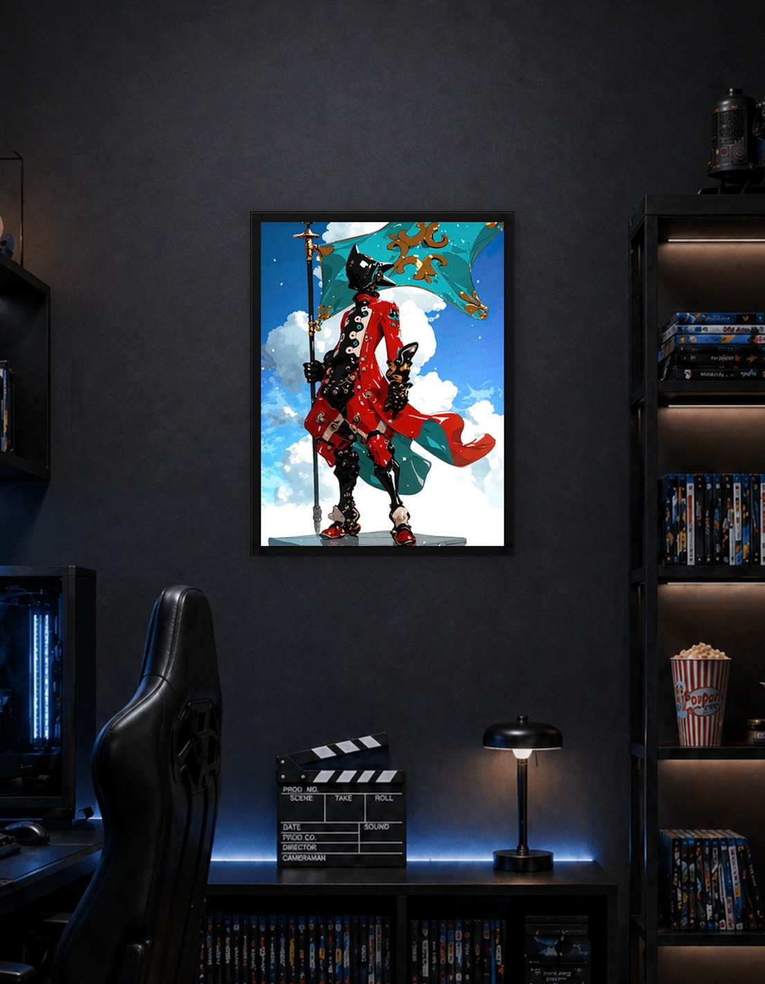 Stylized Figure with Flag Against Sky