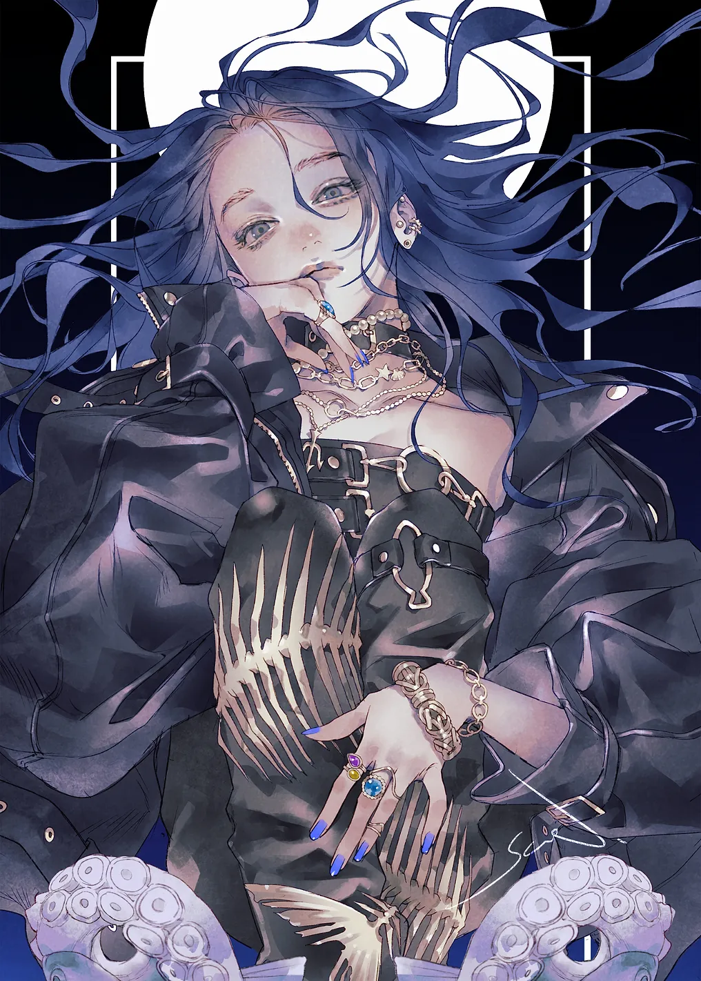 Stylish Woman with Octopus and Moon