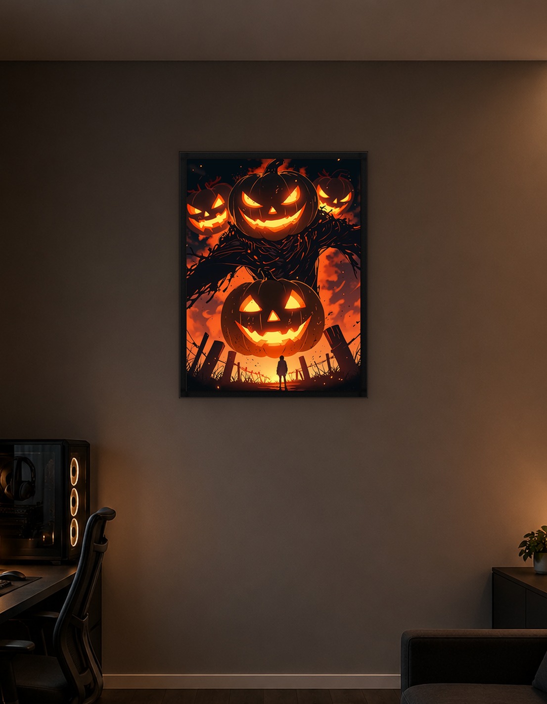 Scary Halloween Pumpkins and Lone Figure