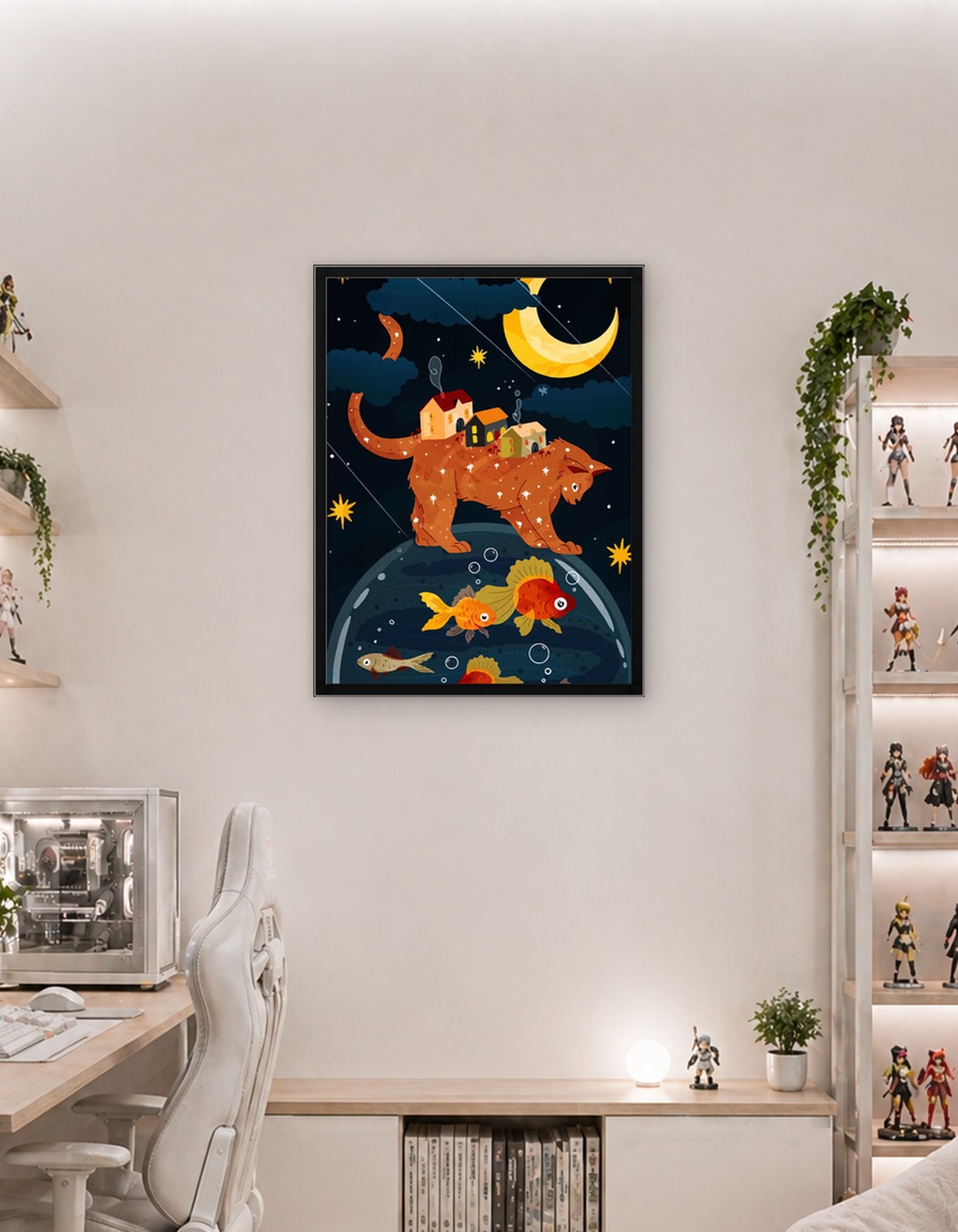 Сюрреалистический кот с домиками и аквариумом