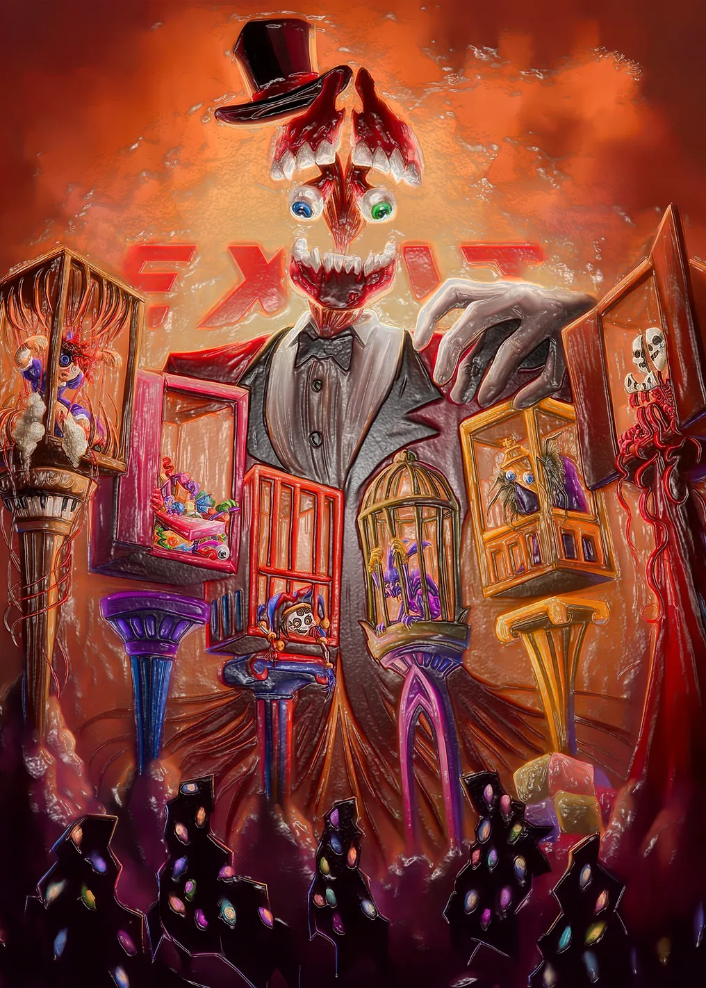 Surreal Circus Master with Caged Figures