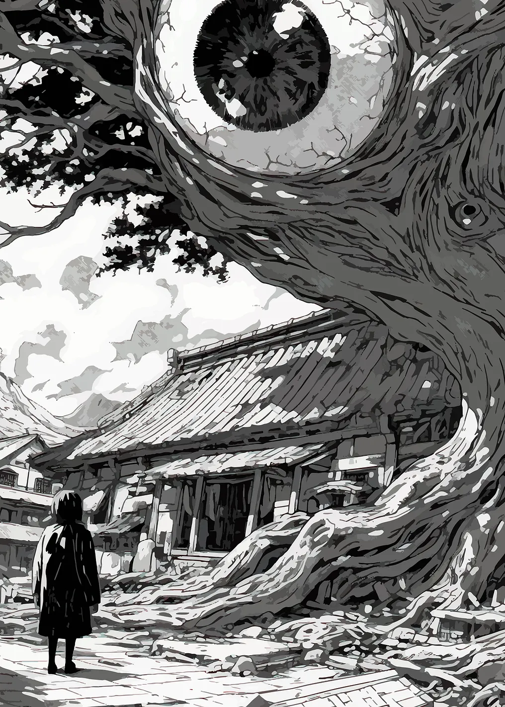Surreal Eyeball Tree Overlooking Ruined Japanese Village