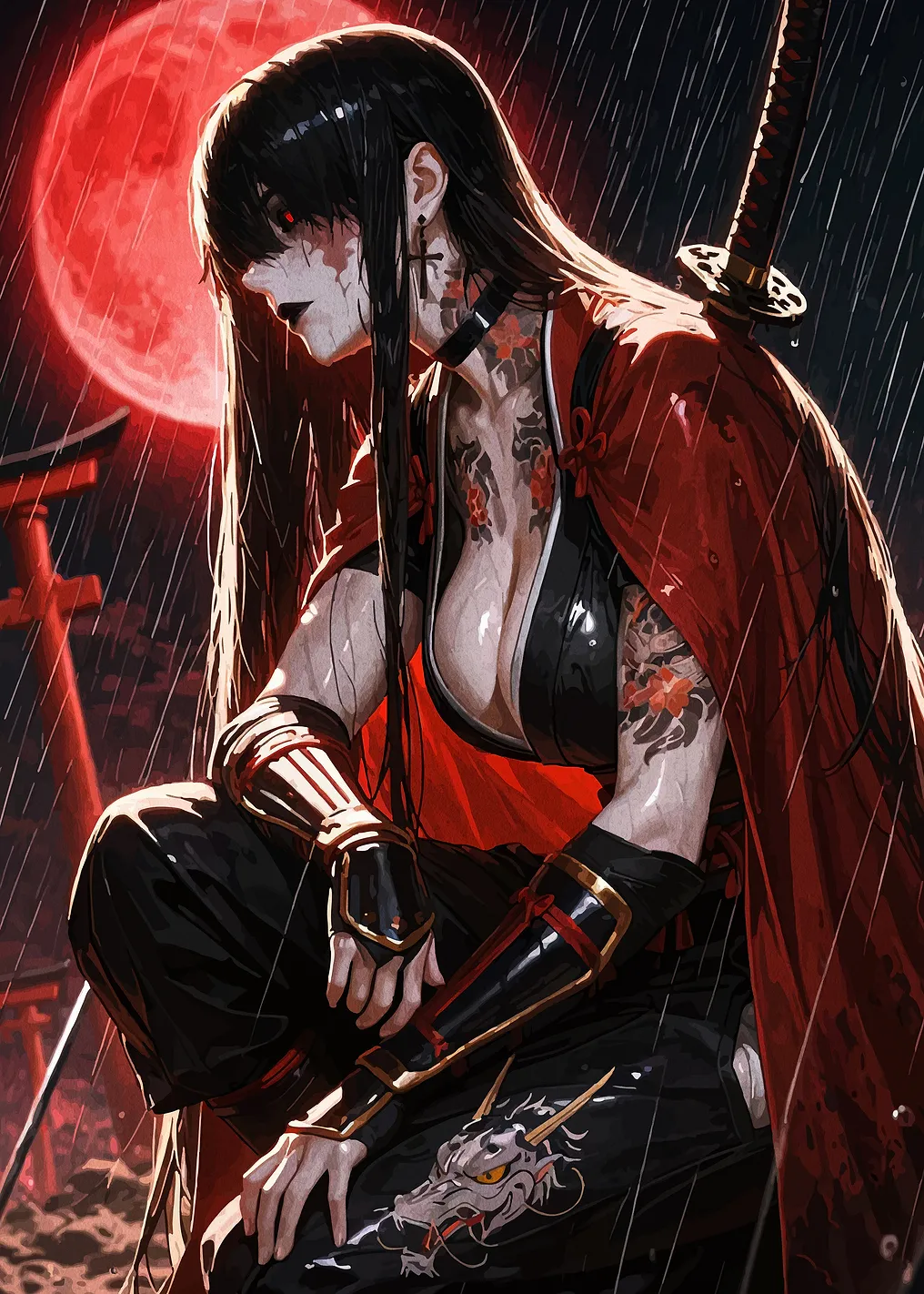 Tattooed Samurai Woman in the Rain