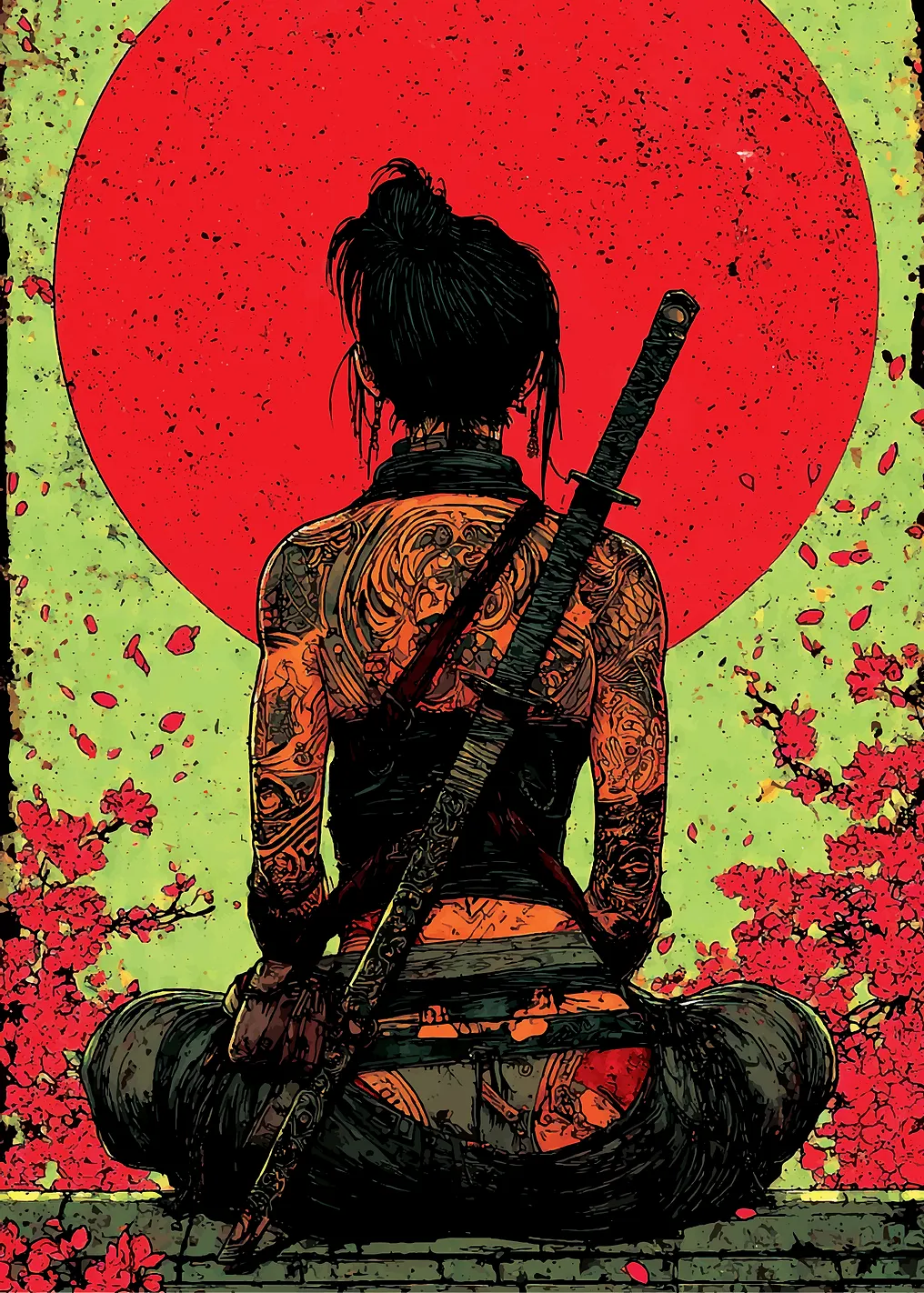 Tattooed Samurai Woman with Katana - 9249445