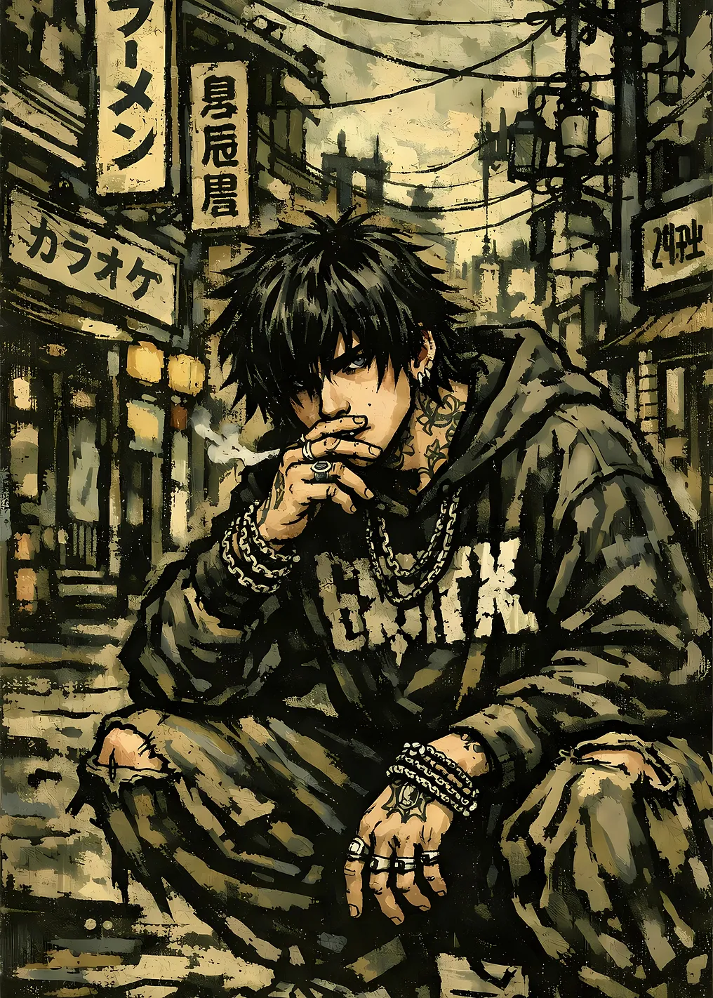 Tattooed man smoking in Japanese alley