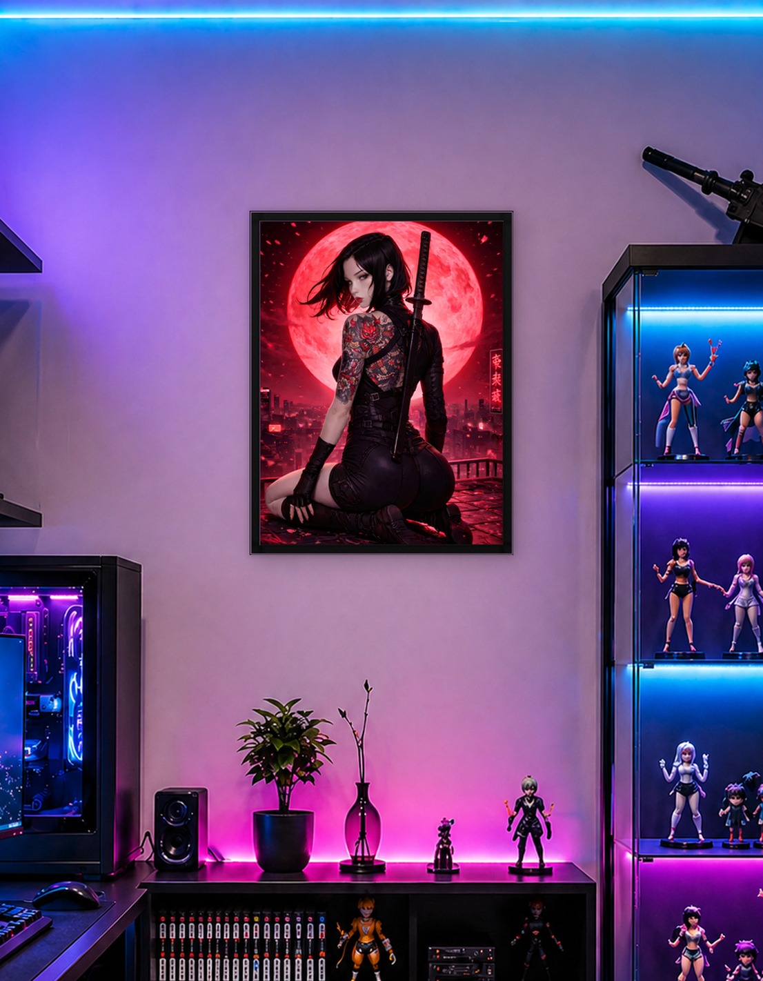 Tattooed Assassin Under a Red Moon