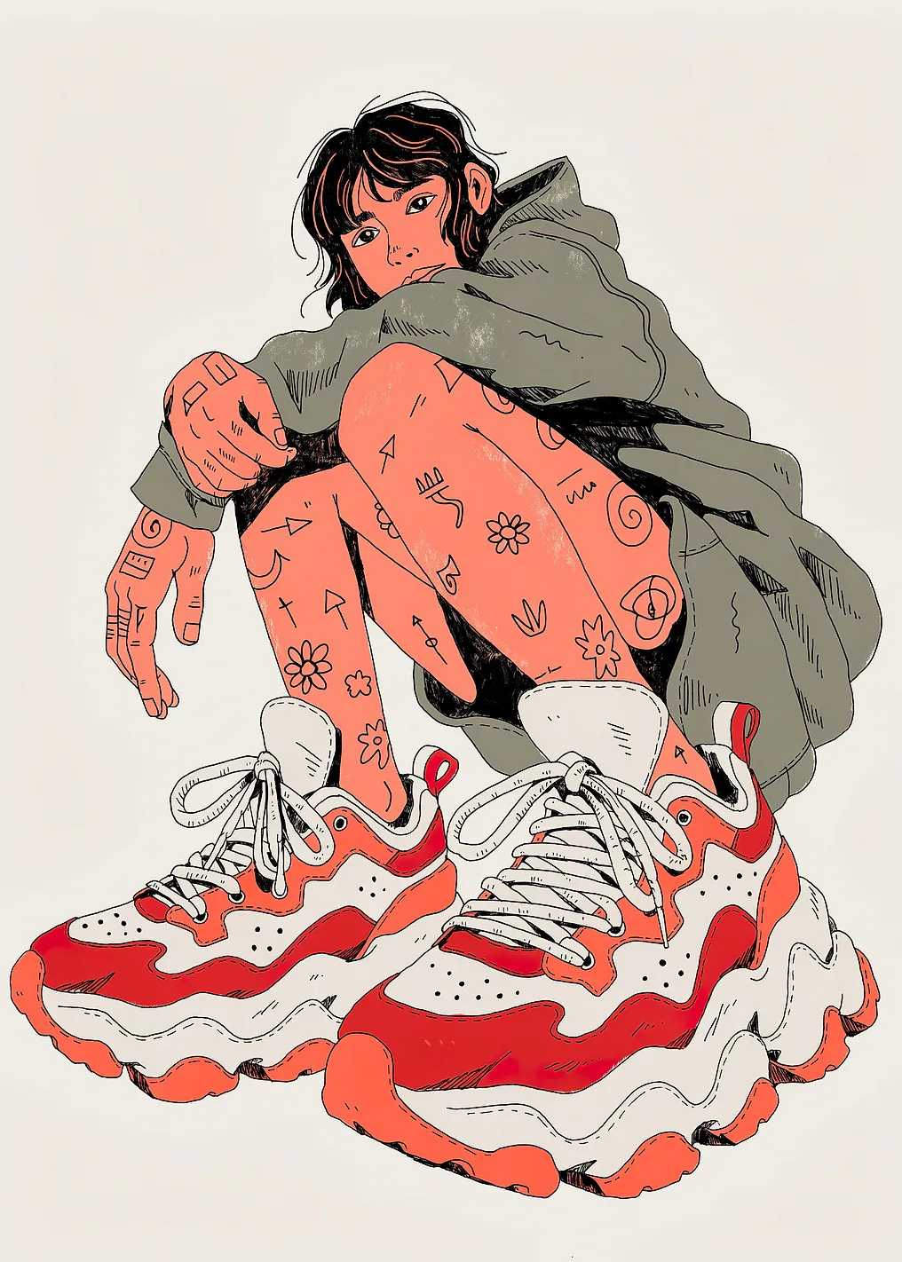 Tattooed Person in Oversized Sneakers