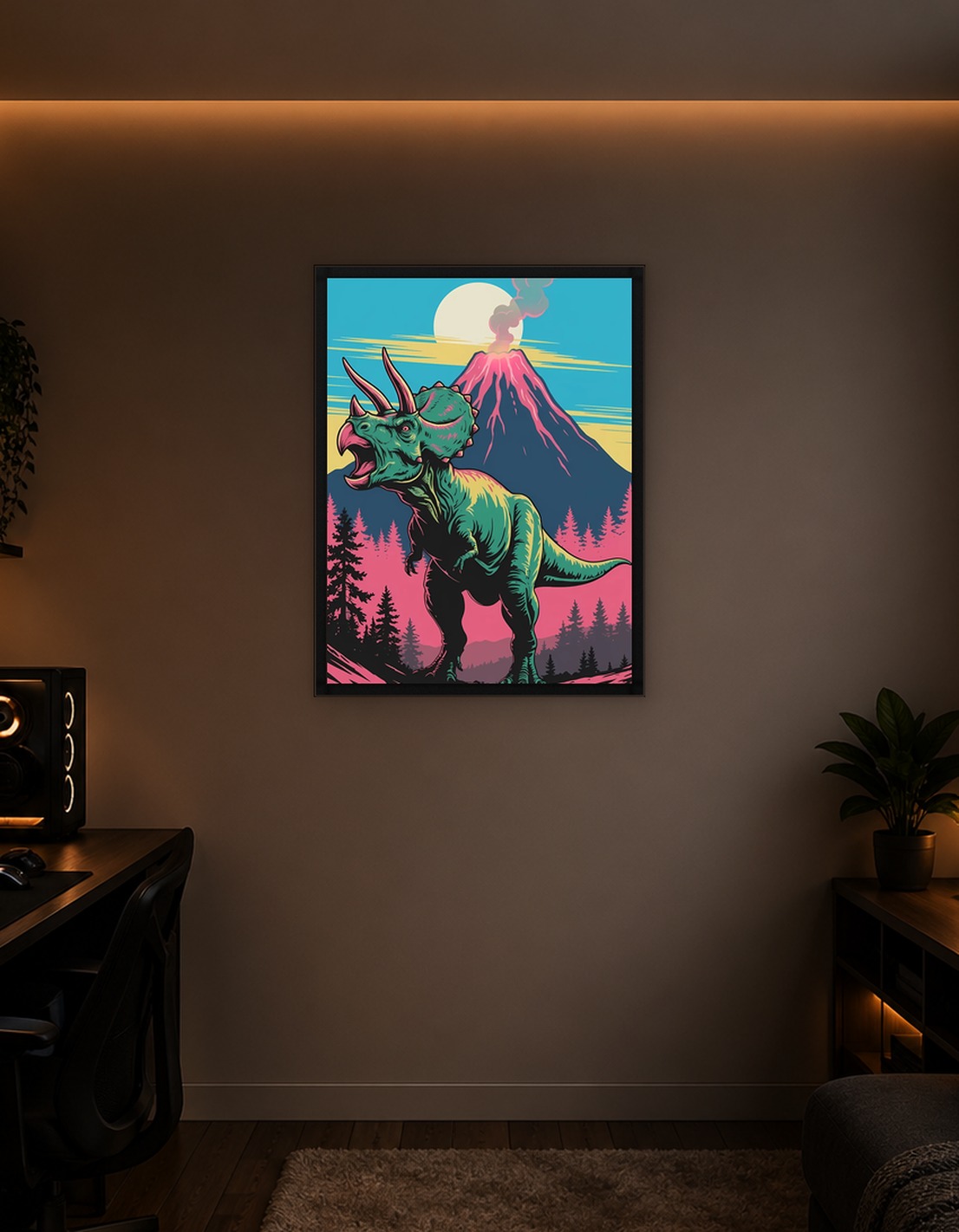 Triceratops Roaring by Volcano Landscape