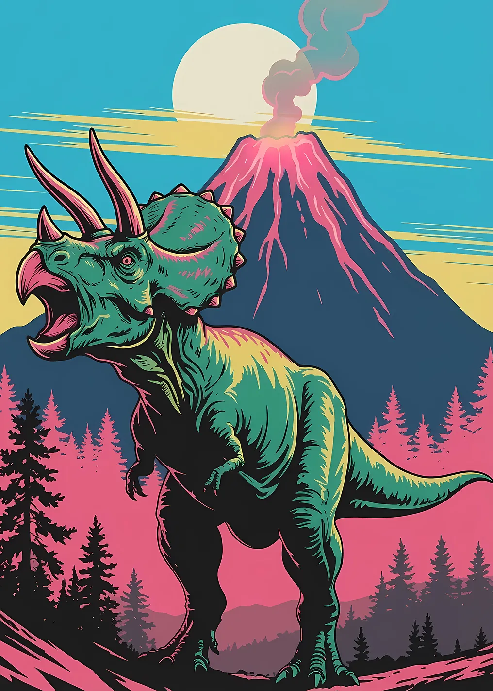 Triceratops Roaring by Volcano Landscape