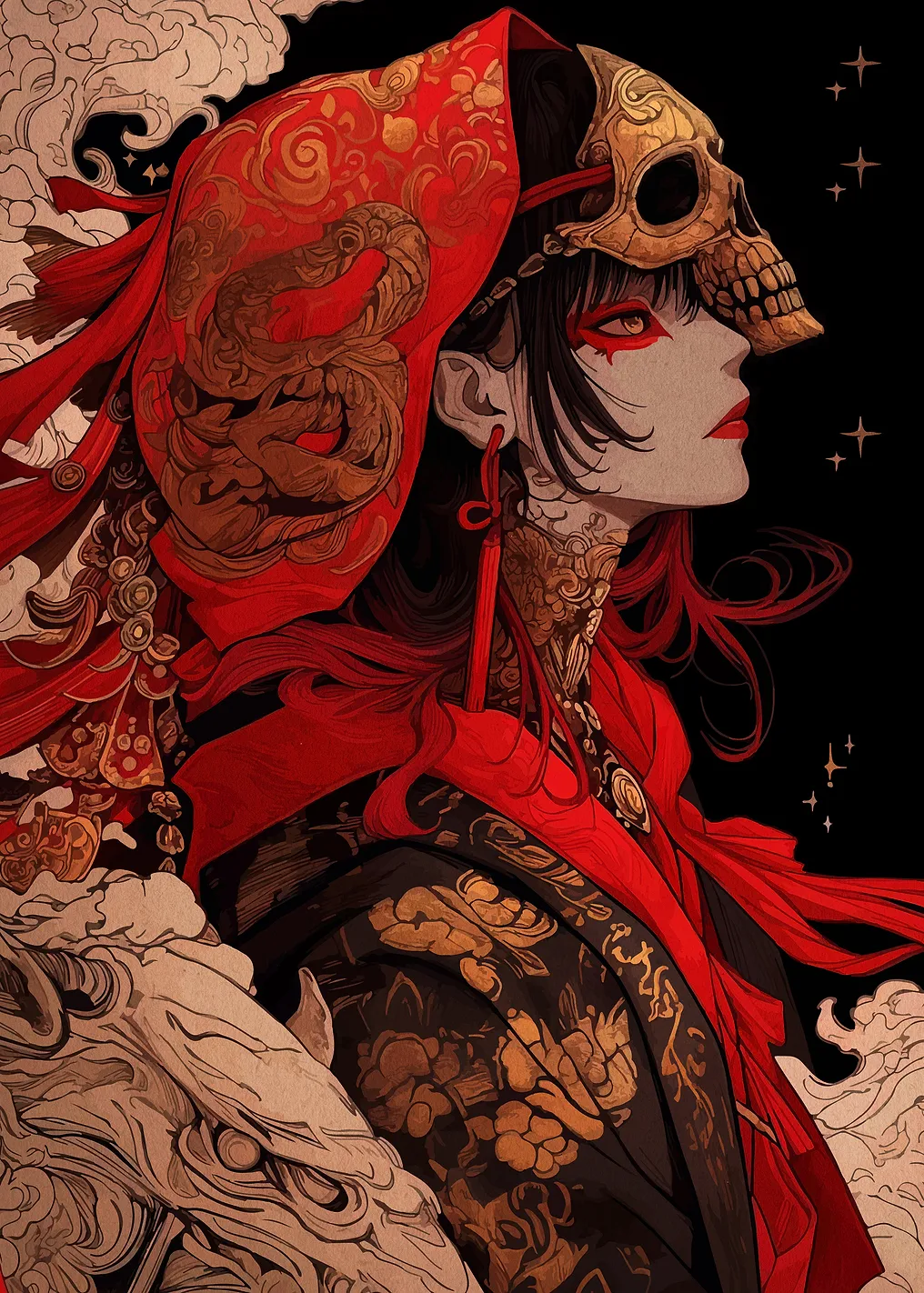 Red Hooded Figure with Skull Mask