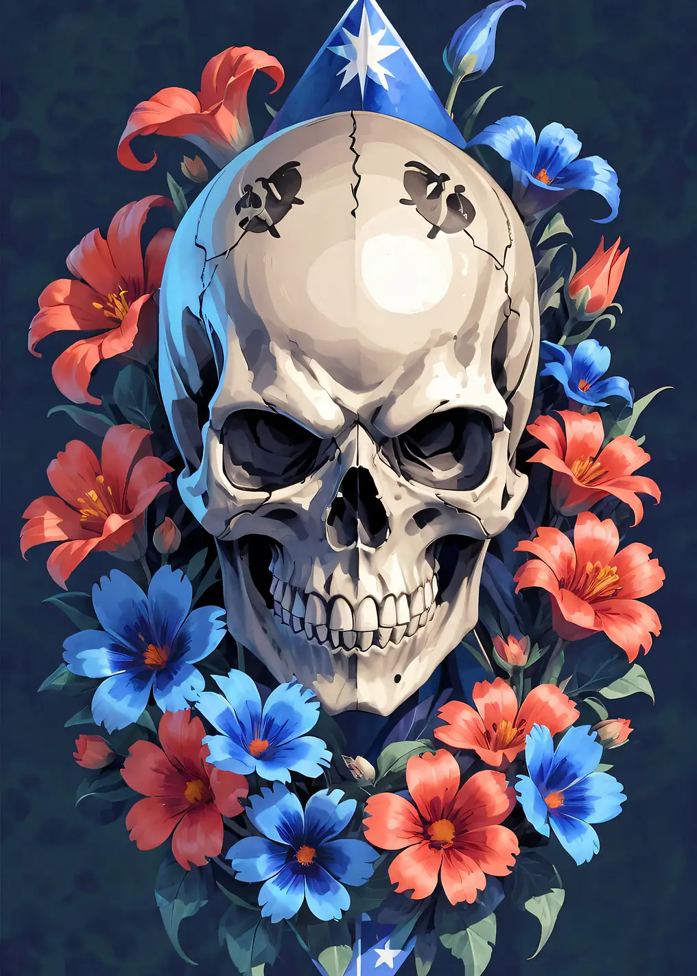 Skull with Flowers and Military Hat