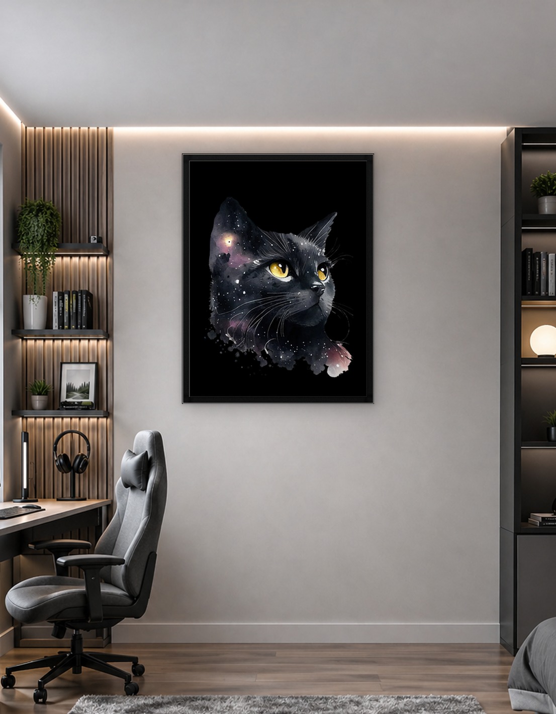 Cosmic Black Cat Watercolor Portrait