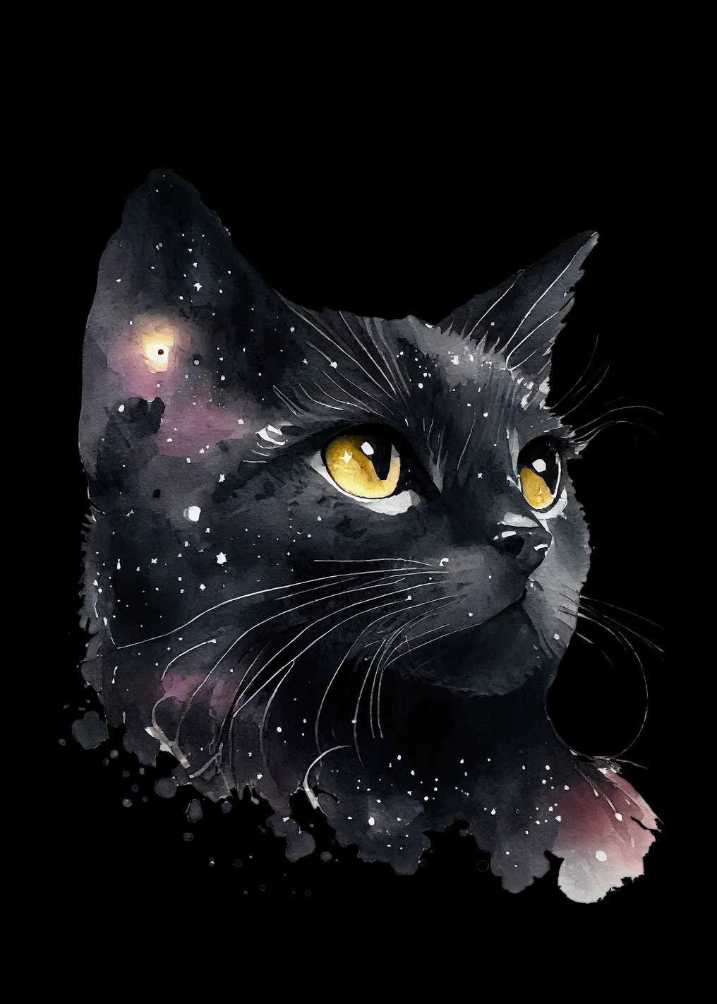 Cosmic Black Cat Watercolor Portrait