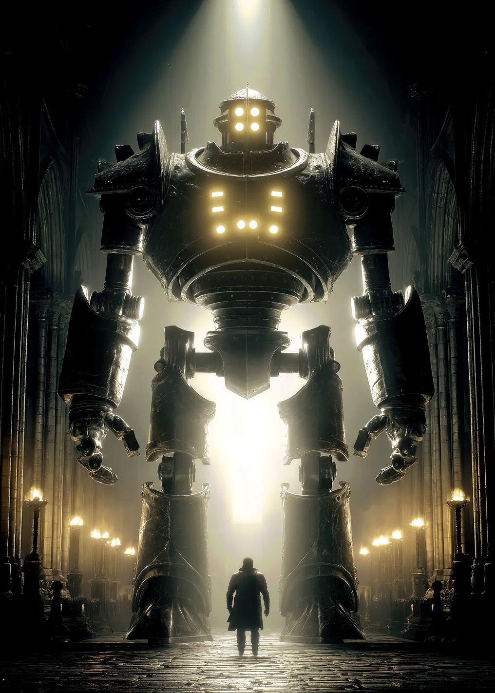 Giant Robot and Man in Cathedral