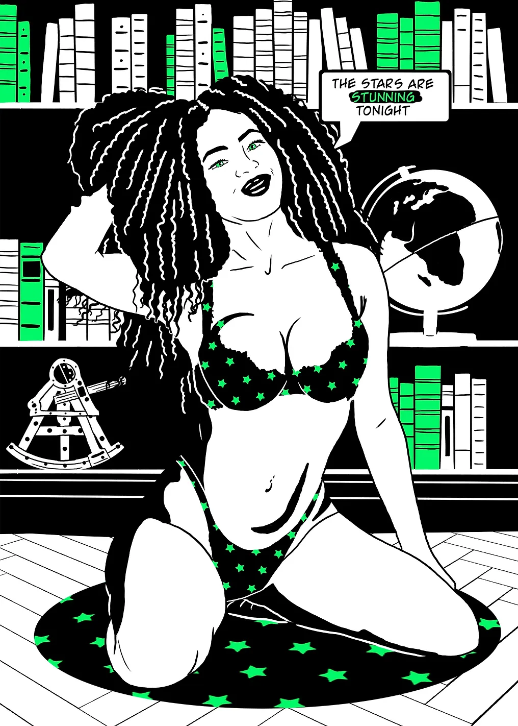 Comic girl in study with b