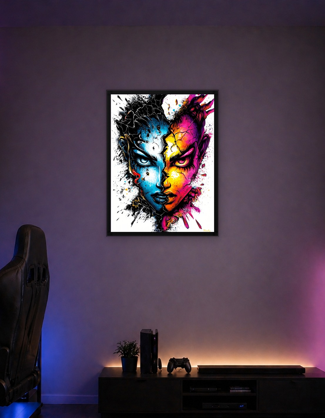 Duality Unleashed – Intense Abstract Face Art in Splatter Ink Style