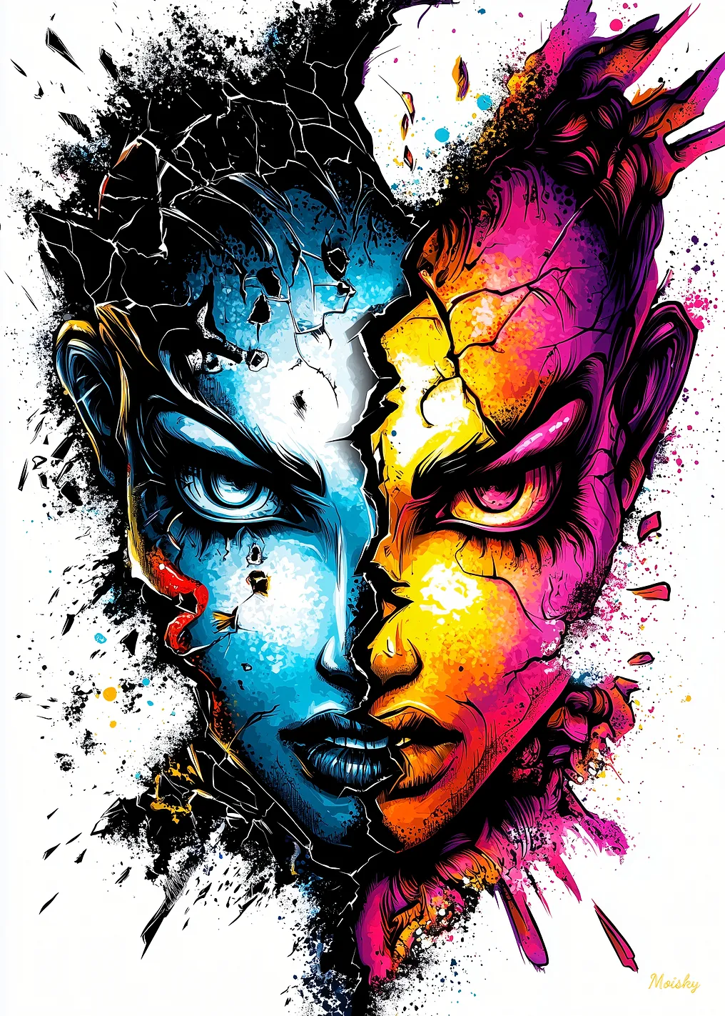 Duality Unleashed – Intense Abstract Face Art in Splatter Ink Style