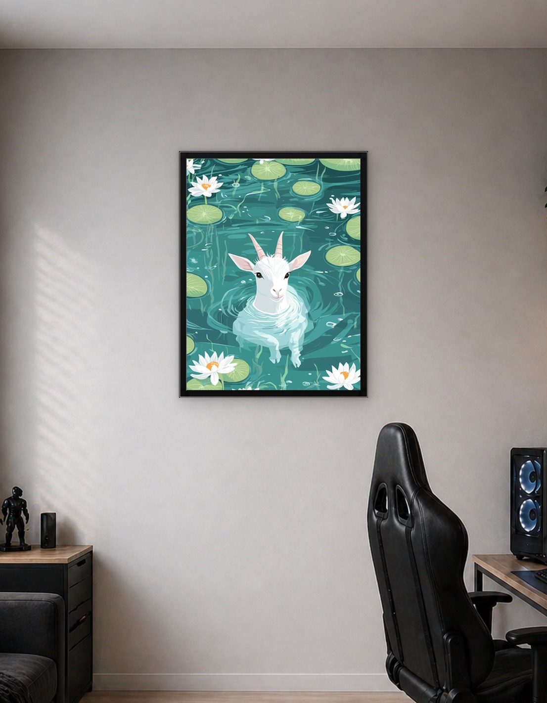 Goat in Water Lily Pond