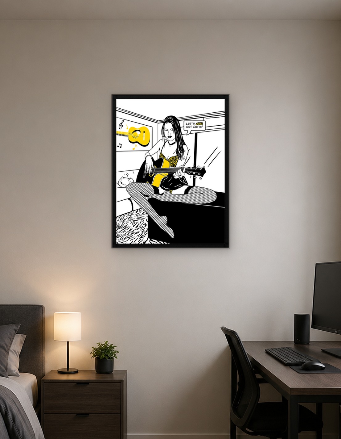 Comic girl playing guitar