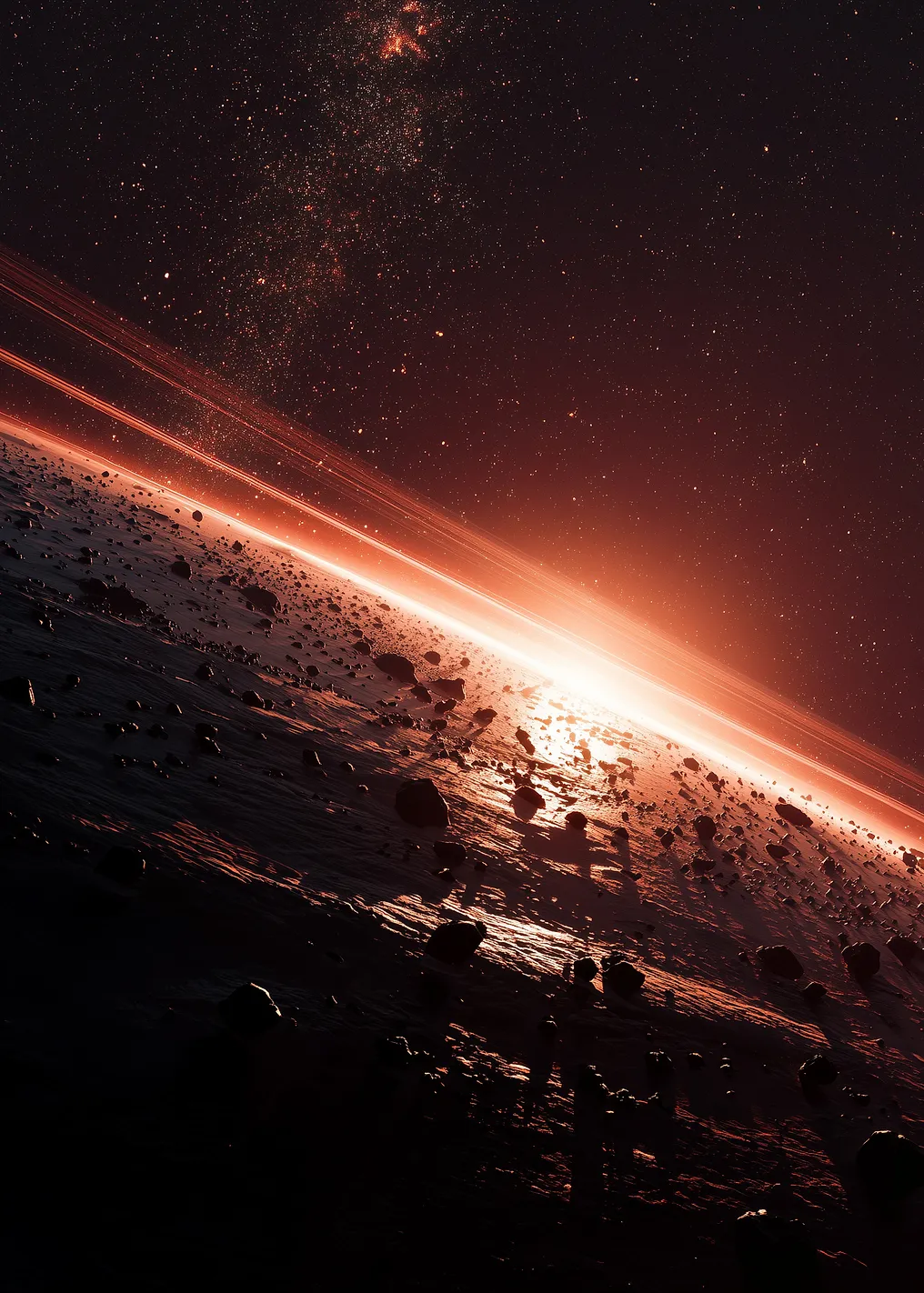 Cosmic Ringed Planet with Asteroids