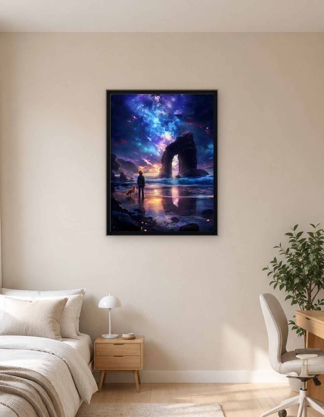 Boy and Fox Under Starry Sky
