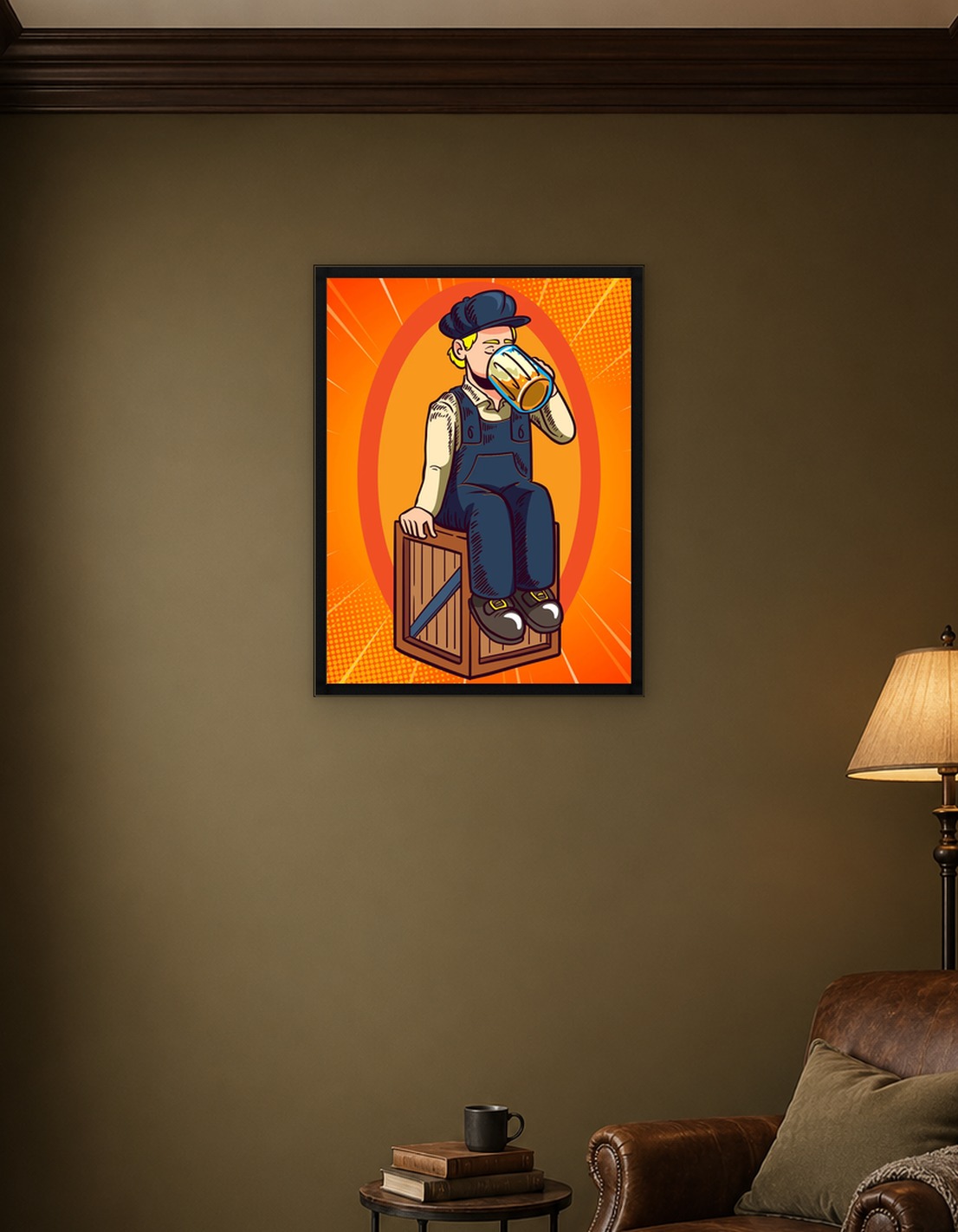 Cartoon Man Drinking Beer on Crate