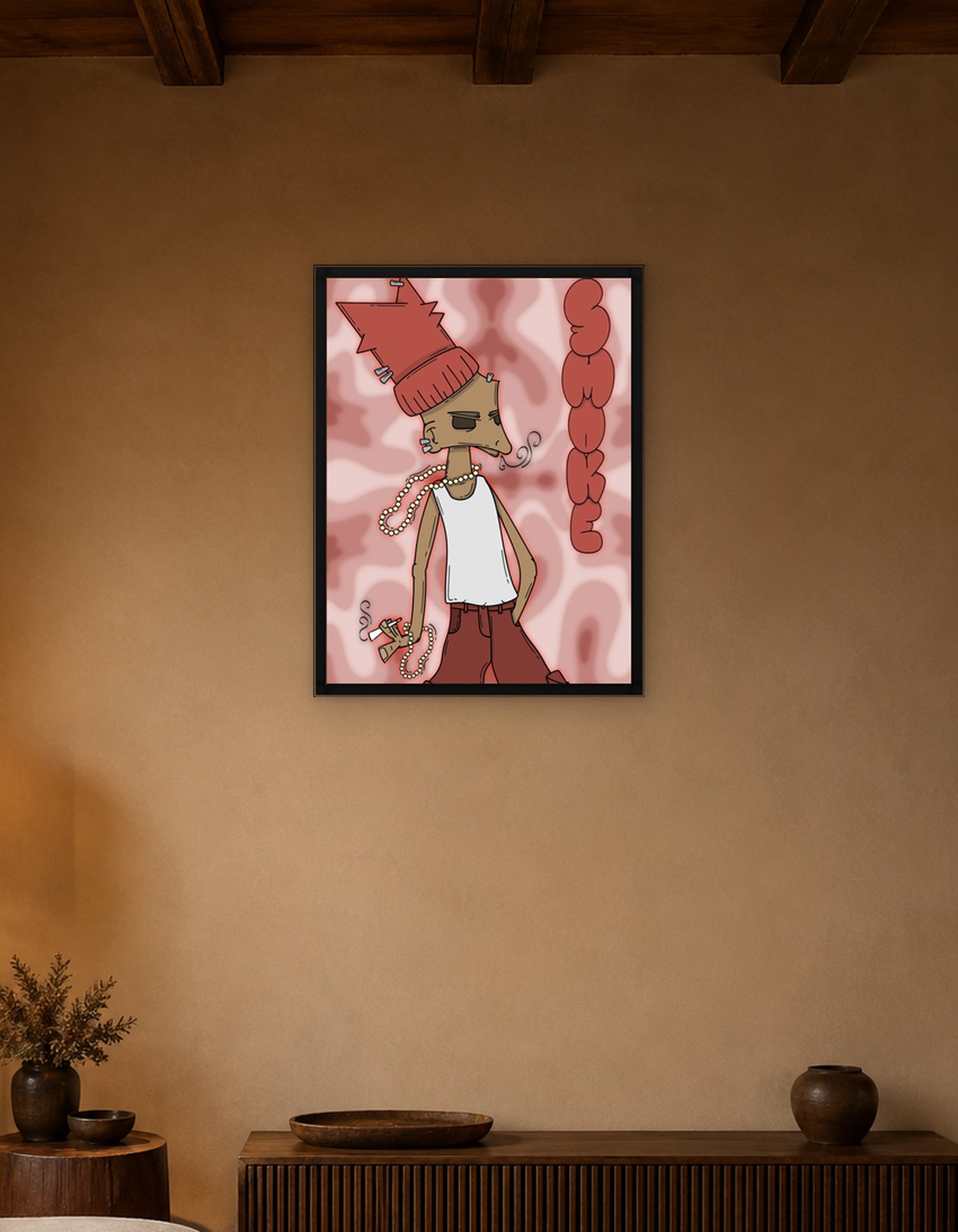 Cartoon character smoking with red background