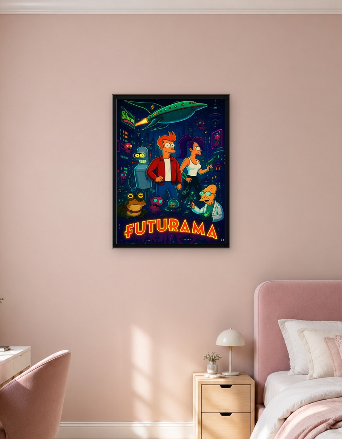 Futurama Characters in a Neon Cityscape