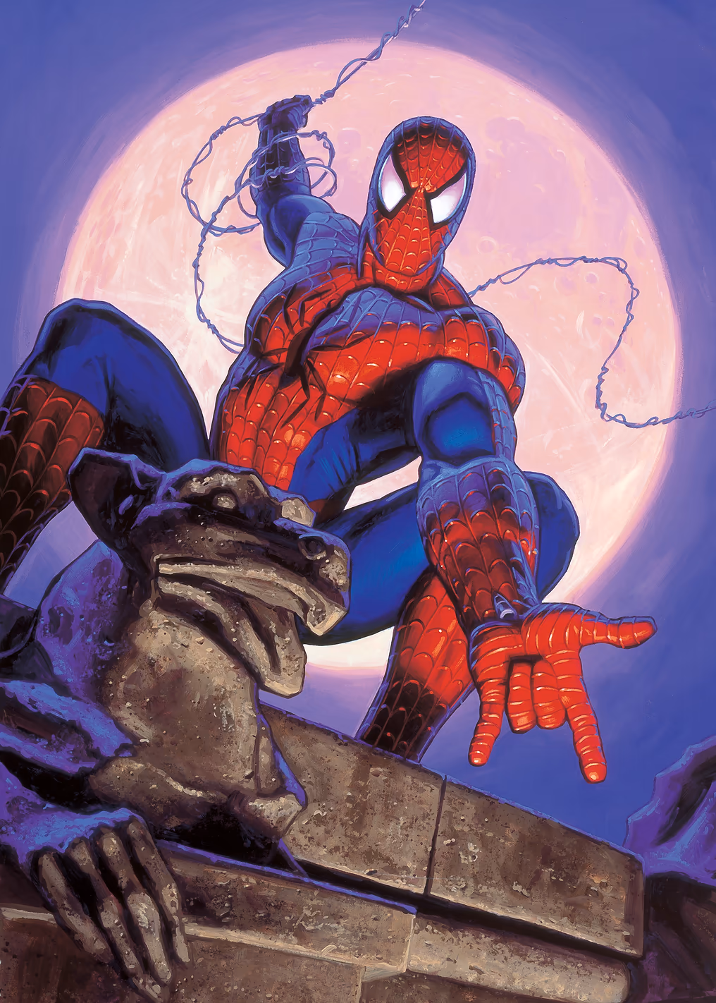 Full Moon Spider-Man waits on a Gargoyle