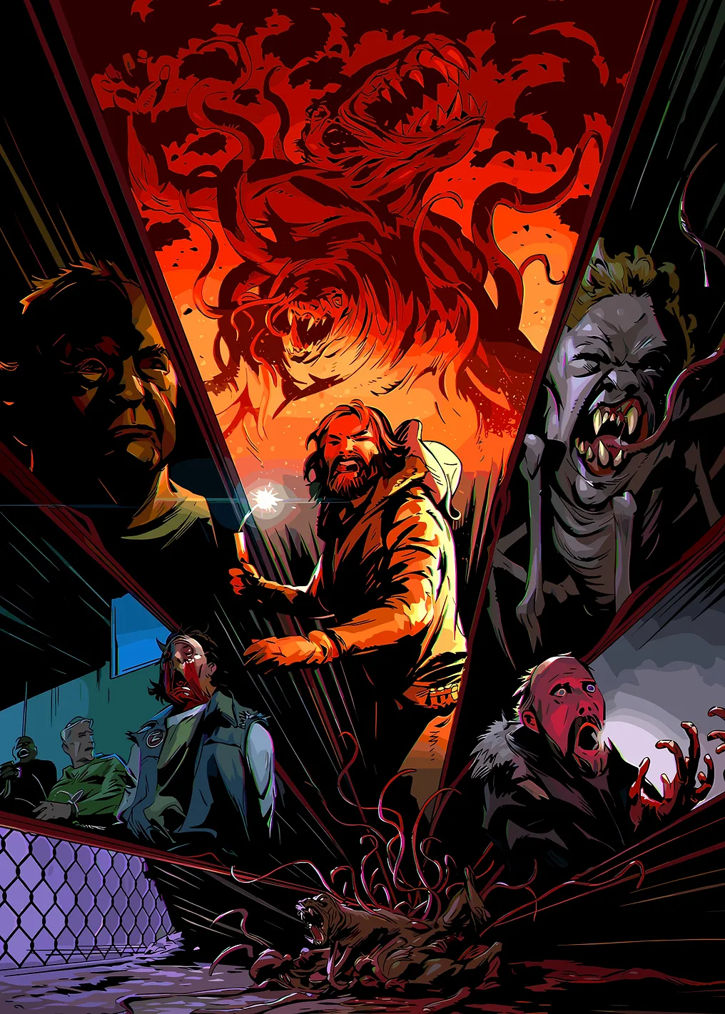 Horror comic panel with monster and people