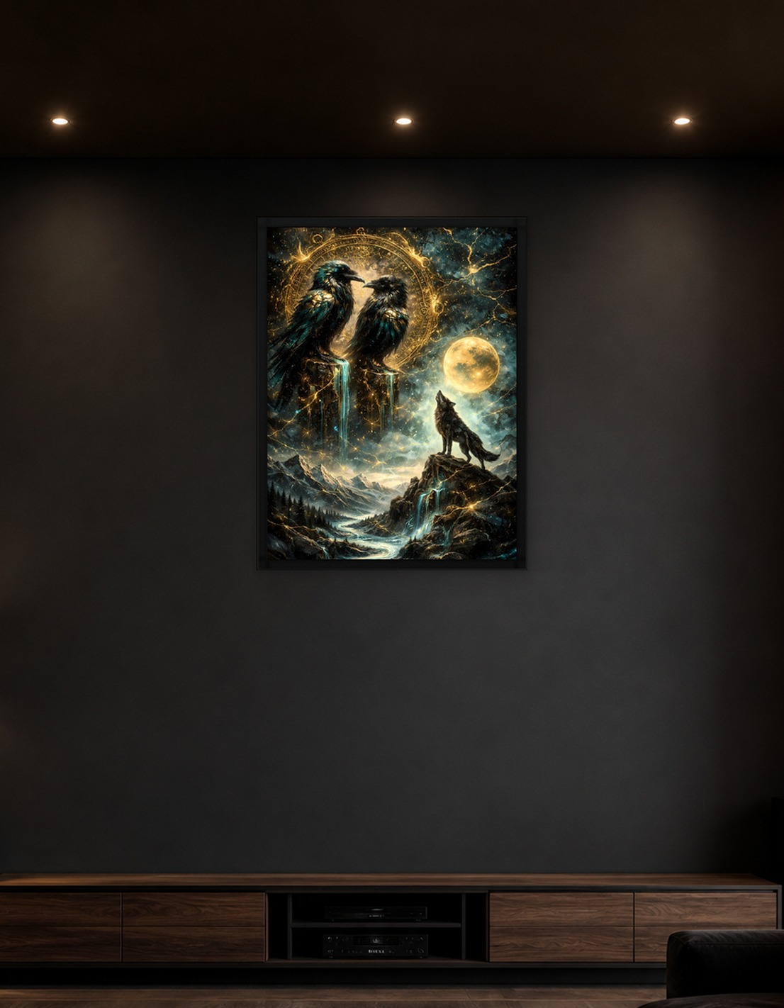 Mystical Ravens and Wolf Under the Moon