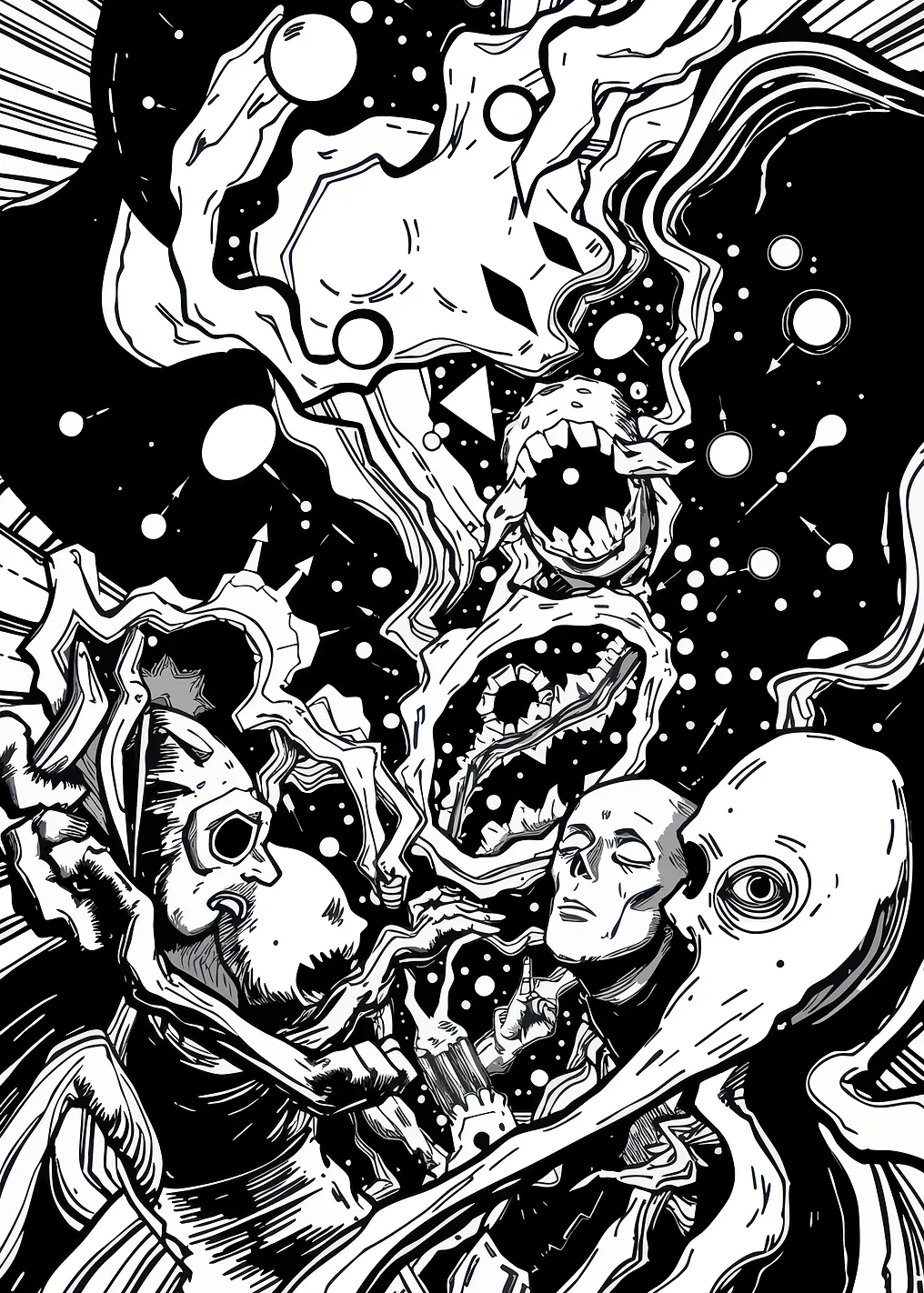 Monochrome Horror Scene with Figures