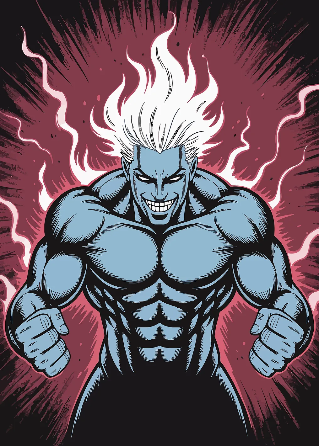 Muscular Blue Man with White Hair
