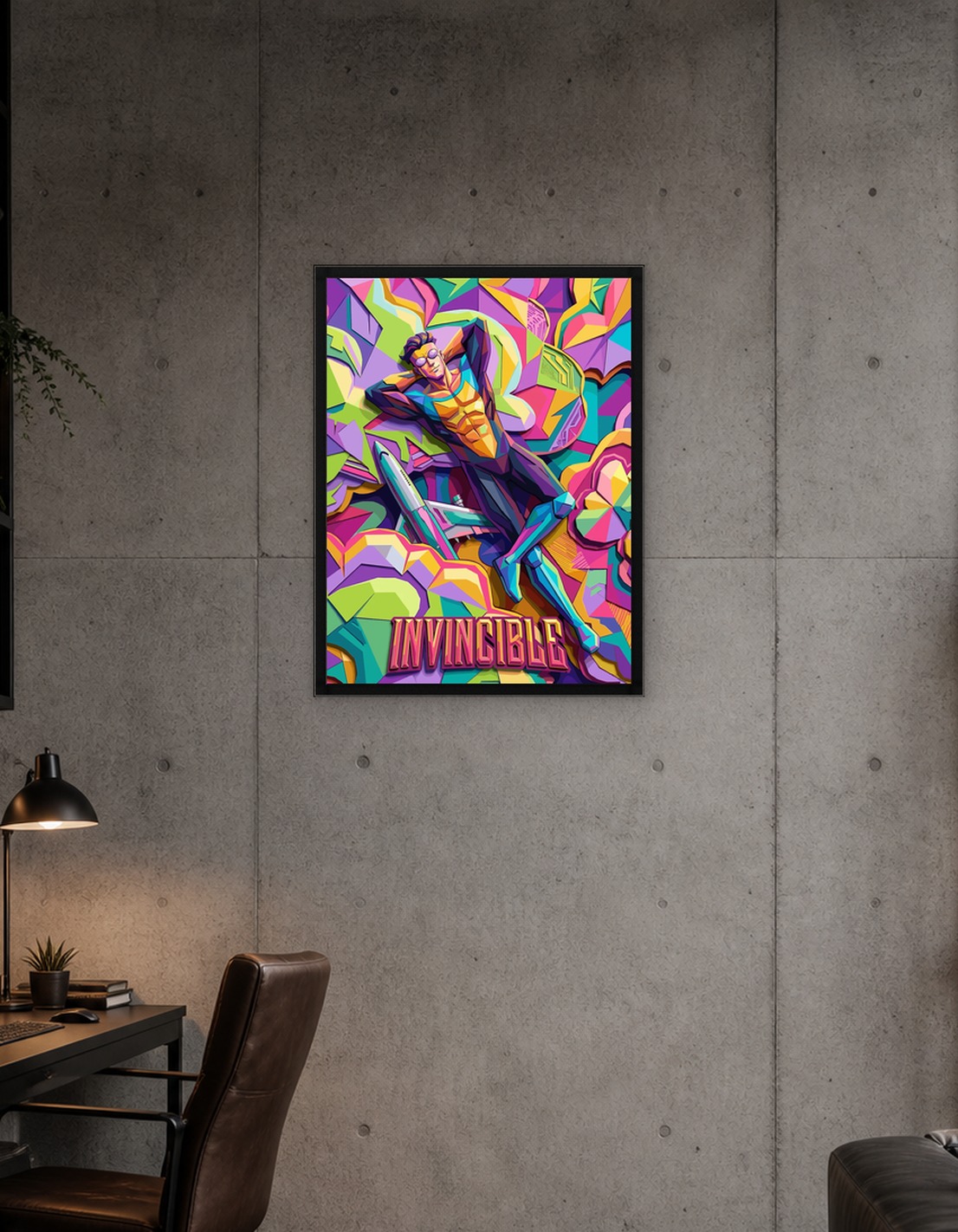 Invincible Poses with Airplane and Abstract Background