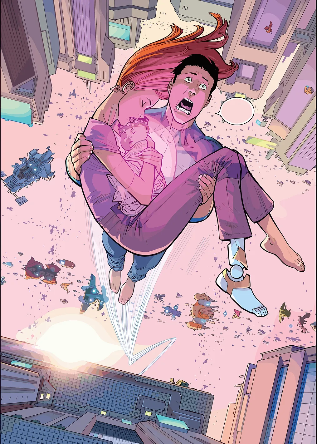 Invincible Family falling through a futuristic city