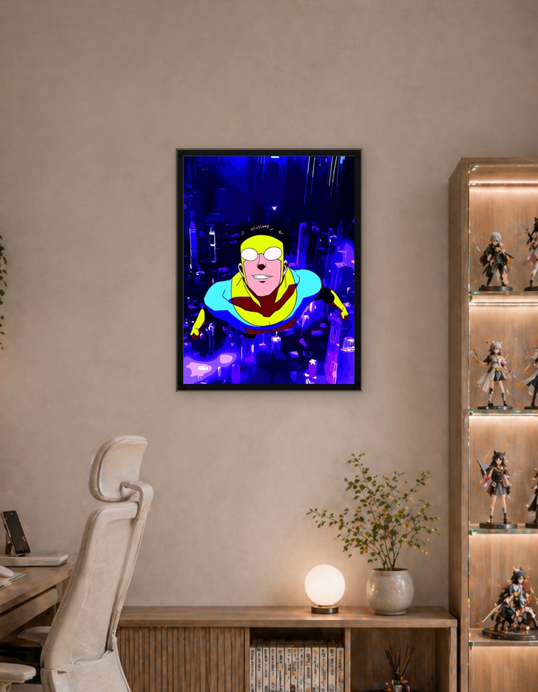 Invincible flying over a city