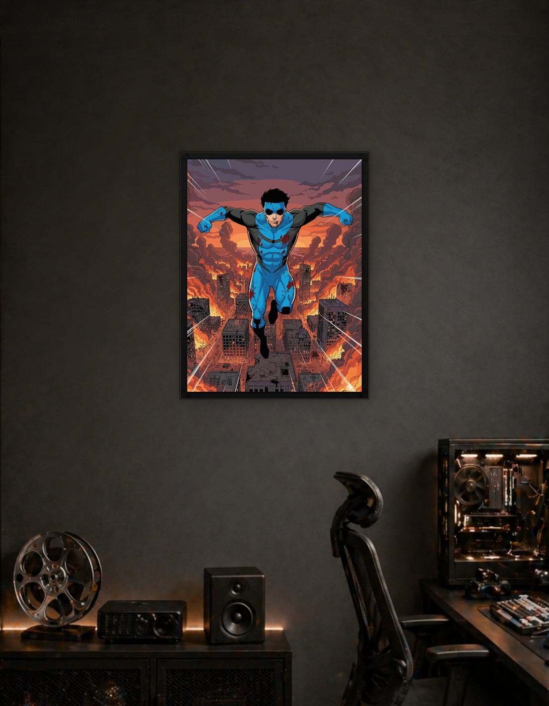 Invincible flying over burning city