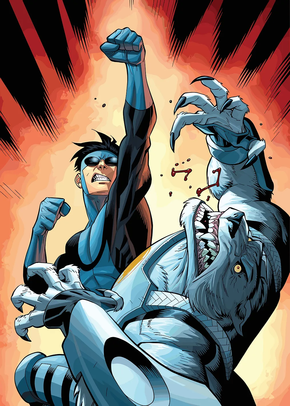Invincible fighting a werewolf-like creature