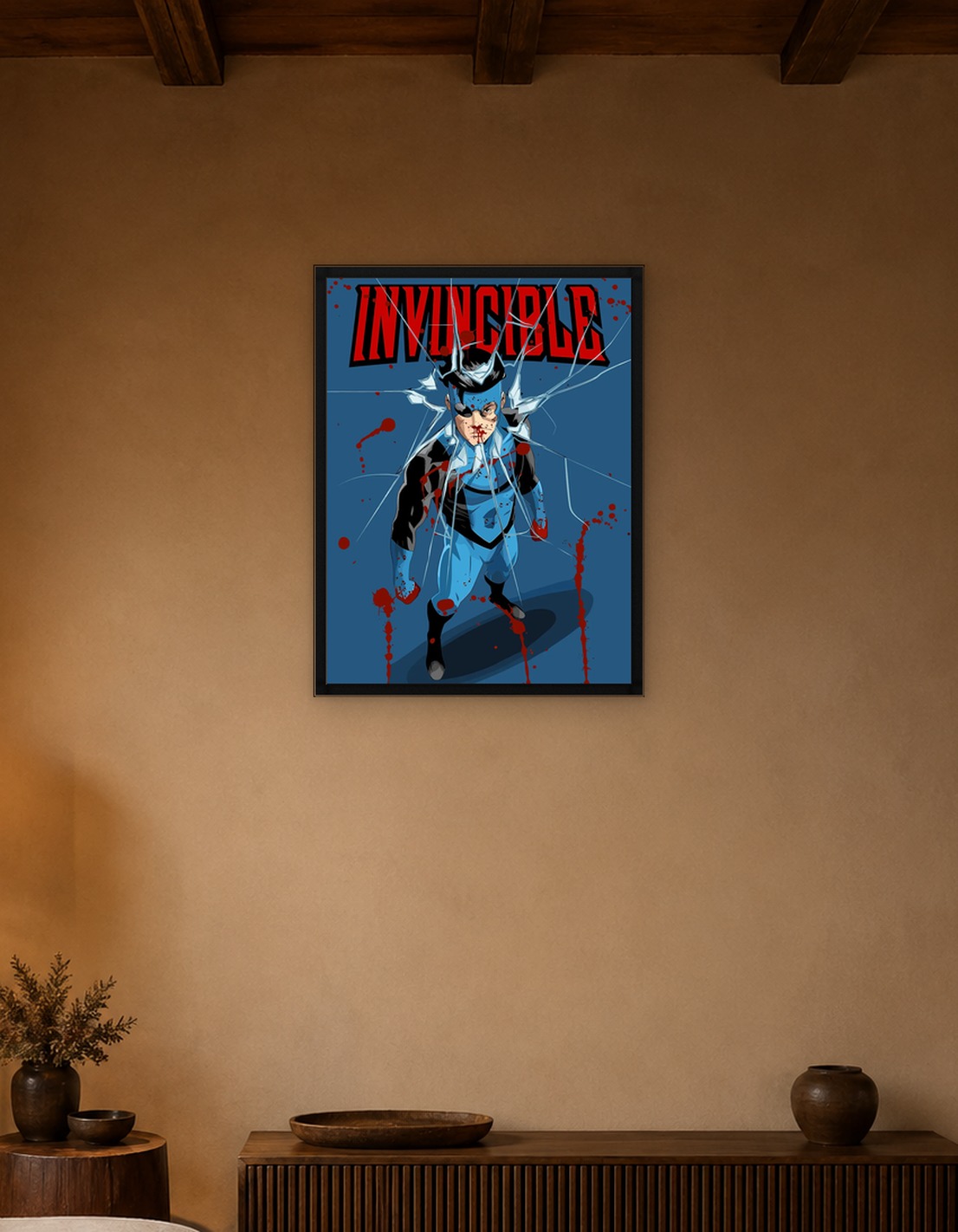 Invincible superhero with blood splatters