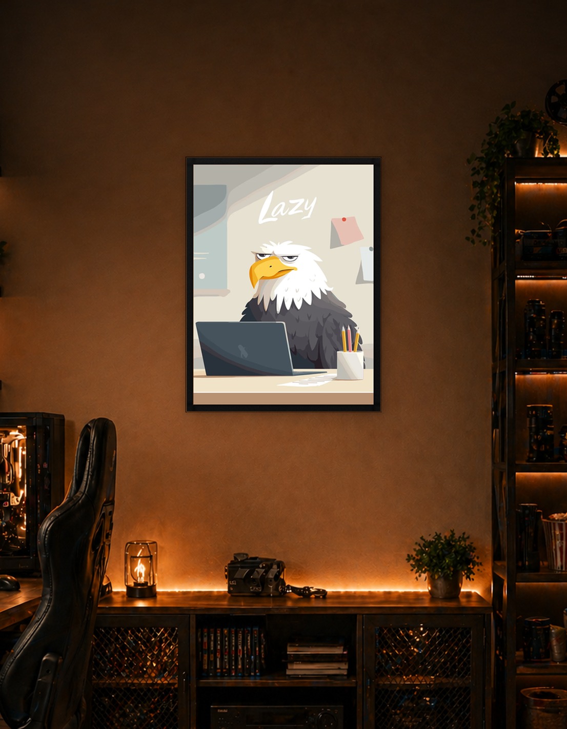 Lazy Eagle Cartoon Character at Desk
