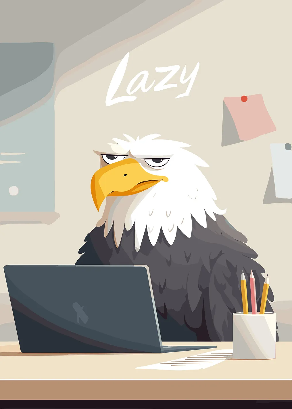 Lazy Eagle Cartoon Character at Desk