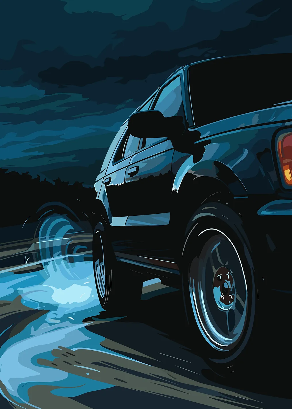 SUV driving on wet road at night